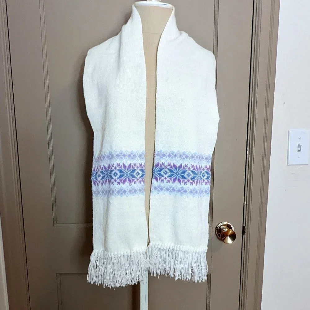 Fair Isle Scarf Vintage Knit Fringe Snowflake Print Boho‎ Acrylic by Leggs